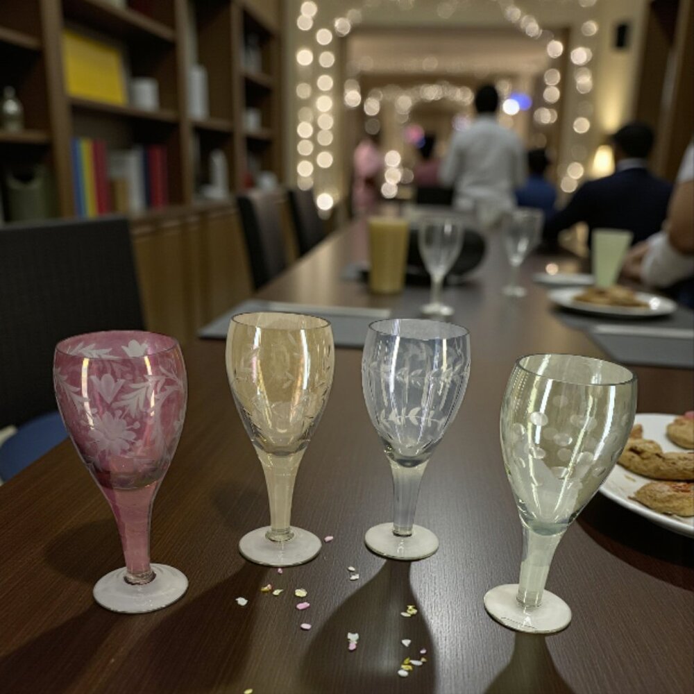 WINE GOBLETS -- Set of 4, Rose/Blue/Amber/Green, Vintage, Etched w/Indiv Designs